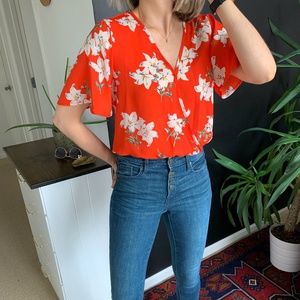 Floral Cropped Chiffon Wrap Top Butterfly Sleeves